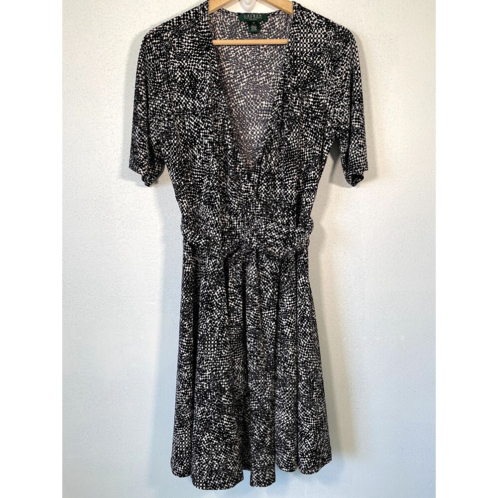 LAUREN RALPH LAUREN Black Gray Vneck Slimming Wrap Dress 3/4 Sleeve Dress Sz 12